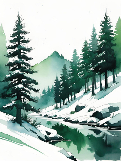 Forest river in winter. forest illustration landscape nature nature lovers reflection river snow watercolor winter