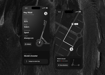 Scooter App app blackandwhite bw dark darkmode electricscooter eletric map maps minimal minimalistic mobility modern new york scooter ui white xiaomi