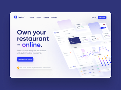Owner.com Website Exploration blue chart clean dashboard food hero landing online ordering restaurants slider stats testimonial ui ux web web design website yonke