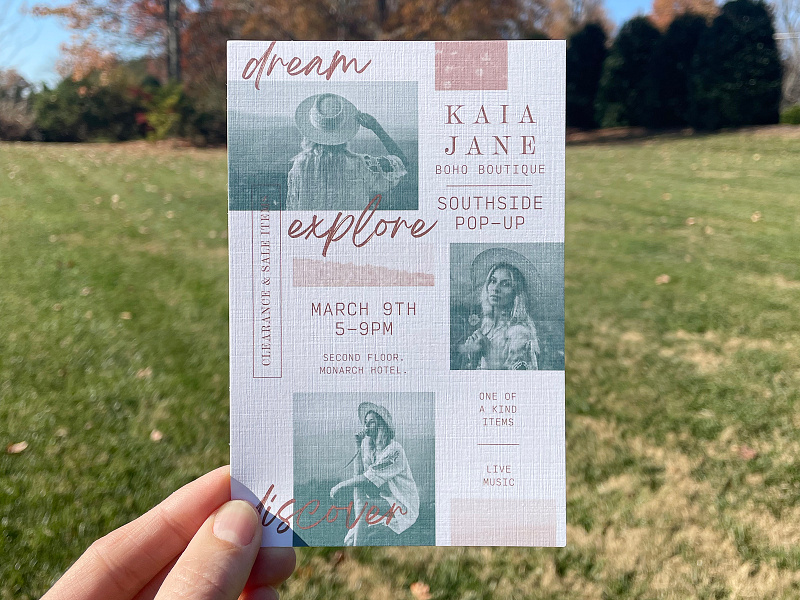 Flyer Design advertising boho boutique branding clothing design flyer linen logo marketing paper pop up postcard print store typography