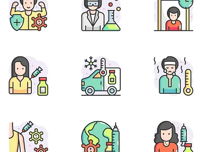 Vaccination awareness cold corona coronavirus cough covid flu icon set icons immunity influenza vaccination vectors virus
