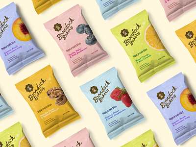 Boondock Bakery Healthy Granola Snacks brand identity branding bright camping food fruit fun granola handwritten healthy logo design mockup nature outdoors packaging protein bar snack sport typography yellow