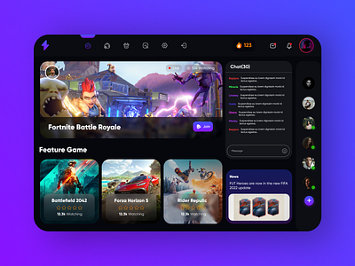 Game Streaming Web App app design application clean ui dark theme dashboard ui game game design gamer internet gaming online gaming streaming uiuix web app