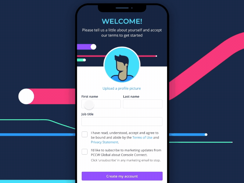Welcome! avatar branding device gif illustration iphone mobile name personal details sign up vector web design welcome