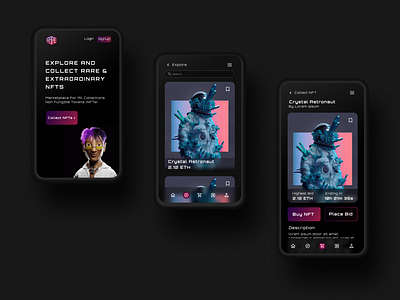 RARE App: All 3 screens branding design illustration mobile mockup nft ui ux