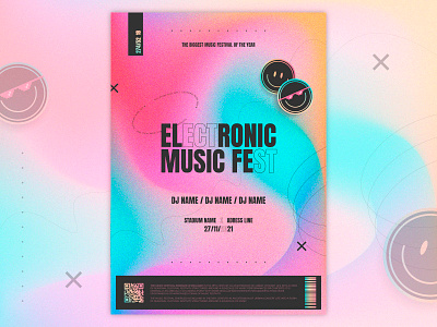 Electronic Music Fest [bundle] banner design emoji facebook cover gradient grain graphic design illustar illustration instagram post instagram stories landing page music festival poster smile sticker texture vector