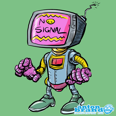 Cartoon robot with a tv for a head cartoon character humour illustration illustrator