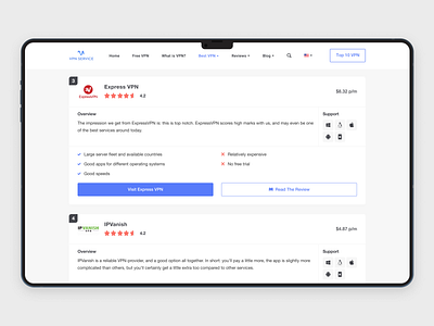 VPN Service - Top 10 VPNs article blog comparison interaction top ui ux