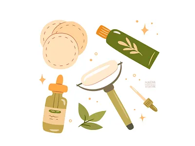 Skincare routine set branding cosmetics design digital art element face flat green icon illustration item product self care set skincare vector woman