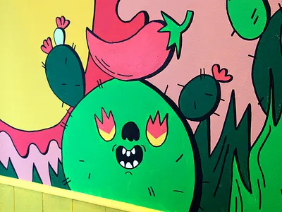 Benito's Oxford Circus Mural close up burrito cactus chili dope fire flora happy illustration in love mexican mural painting posca restaurant smile spicy taco wall art