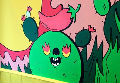 Benito's Oxford Circus Mural close up burrito cactus chili dope fire flora happy illustration in love mexican mural painting posca restaurant smile spicy taco wall art