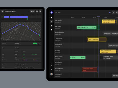 Fleet management, jobs timeline b2b clean dark dashboard driving enterprise fleet freight map minimal mobility product saas shipping startup task telematics timeline tracking ui