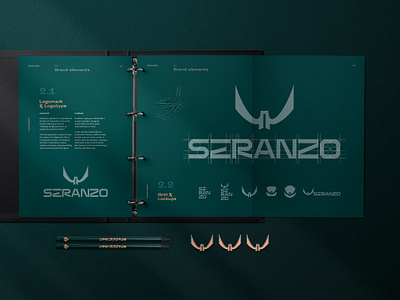 Seranzo | Brand Guidelines Binder Spread binder brand brand design brand guidelines brand identity brand manual branding branding design design graphic design guidebook guidelines office print spread visual identity