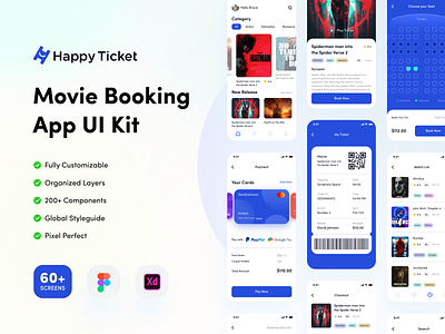 Movie Booking App UI Kit app design application booking app cinema clean download figma interaction ios minimal mobile app movie movie app movie booking online product ui ui kit uiux xd