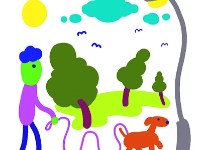 Man walking dog cartoon character design characters colorful colourful design flat illustration minimal naive simplistic