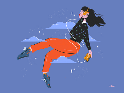 On Repeat design fashion float hair hand drawn headphones illustration illustrator magic music people procreate stars texture woman