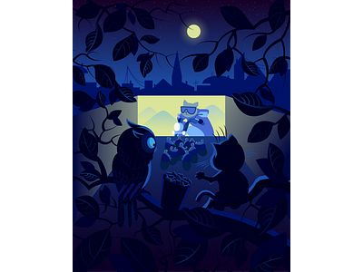 Cat watching a film together with an own on a tree adobe illustrator cartoon cat character comic illustration movie opencinema popcorn skyline tree vector