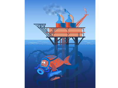 Fish swimming away from oil spill adobe illustrator cartoon catastrophe character comic eco fish illustration migration ocean oil oil derrick pollution vector water