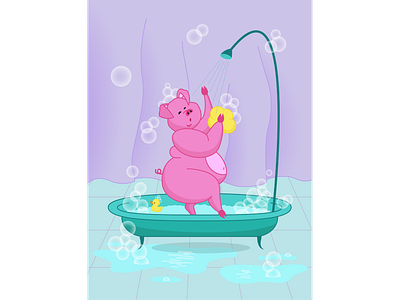 Pig taking shower and singing adobe illustrator animal cartoon character comic home illustration pig shower sing vector