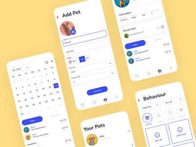 app for pet owners into screens app calendar cat design dog interface pet app profiles text fields tracking ui ux
