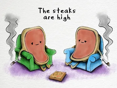 The steaks are high cartoon characters faces food funny illustration pun quirky smoking stoned