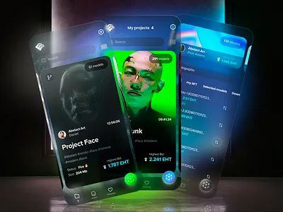 NFT app concept cryptoart ethereum futuristic glassmorphism mobile nft token