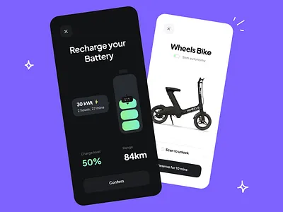 ⚡️ Electric Bike Rent - App android app android app design battery clean electric interface ios app ios app design lime minimal mobile mobile app mobile app design product design rent app tesla typography ui ux wheels