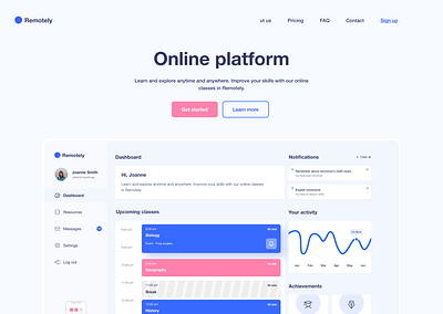 Remotely - landing page design concept clean concept design dashboard design e learning education flat design graphic graphic design landing page learning notifications online learning pastels remote schedules ui user interface web design