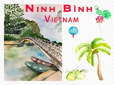 Watercolor illustration of Vietnamese Ninh Binh province design grafic illustration travel typography vietnam watercolor