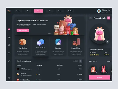 Toys Dashboard admin admin panel admin theme admin ui analytics cards dark theme dark ui dashboad dashboard grid view interface sidebar uiux user user interface