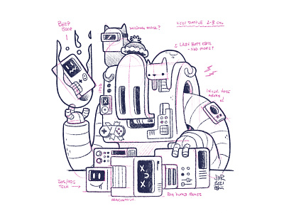 Cats and Robots (Process Sketch) apple appliances blake stevenson cartoon cat character design cute design gameboy illustration jetpacks and rollerskates kitty mac macintosh nintendo radio retro robot ui