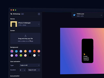 Animockup 2.0 - Create stunning product teasers 3d after effects animated dark design design tool figma gradients maker mockup mockups motion graphics product product hunt teaser tool ui web based webapp website