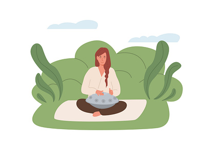 Girl Playing Hang Drum drum female flat folk girl handpan hang illustration live music musical musician outdoors percussion vector