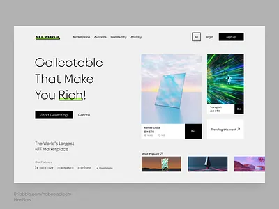 NFT Marketplace Landing Page | NFT WORLD app bitcoin coin concept crypto crypto art cryptoart cryptocurrency etherium landing page nft nft art nfts rarible user experience