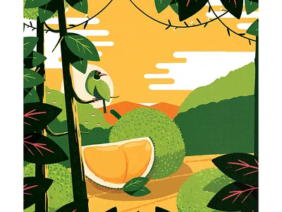Durian chocolate packaging illustration bird bold chocolate colorful contemporary design digital painting durian flowers illustration jungle minimalistic summer tropical