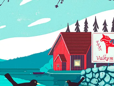 Swedish lake bird bold color palette colorful contemporary digital painting flowers illustration lake minimalistic nature picnic summer sweden