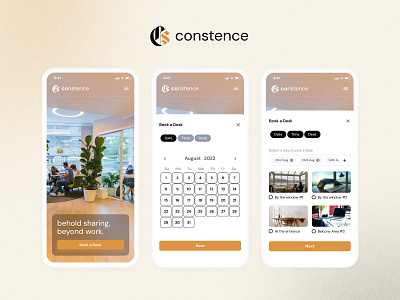 Constence - Book a Desk App ae animation app book branding challenge co working design desk figma himati logo mati memorisely motion graphics orange product record ui ux