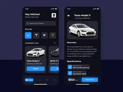 Car Rental App app auction bid bmw car car rental app cars clean concept creative creative ui dark dark mode figma lamborghini map motors rental taxify tesla