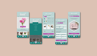 Flower Preview App adobe illustrator app check out checkout confirmation screen credit card delivery design figma flower hi fi home page iphone mobile mockup order prototype purchase teal pink ui