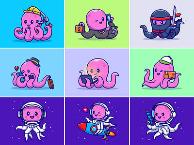 Octopus🐙⛑️📷🔨🐙 activities animal astronaut character courier cute flying icon illustration logo ninja ocean octopus photographer profession rocket tentacles working