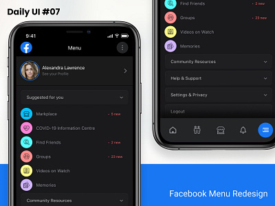 Daily UI #07 Facebook Menu Redesign design facebook facebook design facebook redesign material redesign ui design user interface