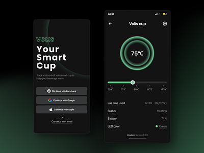 Smart Cup Volis app appdesign blackmode dailyui design inspiration minimal mobile mobiletrends portfolio ui uxdesign