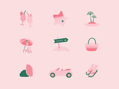 Summer Icon Set for Bare August beach convertible drinks feet flip flops foot care fun icon set icons logo pink and green pool skincare summer umbrella vacation water