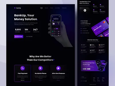 BankUp | Landing Page bangkig bank banking black blue branding dark dekstop design finance finance app finances financial fintech landing page minimal ui ux web website
