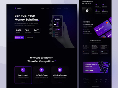 BankUp | Landing Page bangkig bank banking black blue branding dark dekstop design finance finance app finances financial fintech landing page minimal ui ux web website