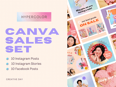 Hypercolor Canva Sales Set Templates bold canva creator canva designer canva template canva templates colorful facebook feminine instagram rainbow sales set social media tem template