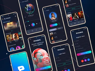 Pmusic- A Music Player App animation app design application branding clean dark ui illustration mobile app motion graphics music player app musician songs sound app track app typography ui ui design ux