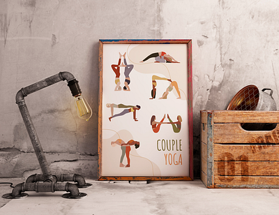 Couple yoga. Poster asana coloring couple design flat illustration poster simple vector yoga