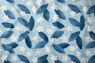 Blue Leaves and White Flowers Pattern blossom blue florals blue leaves botanical botany cute florals cute pattern fabric design floral pattern illustration kids room leaves packaging pattern seamless textile pattern wallpaper watercolor white flowers wrapping paper