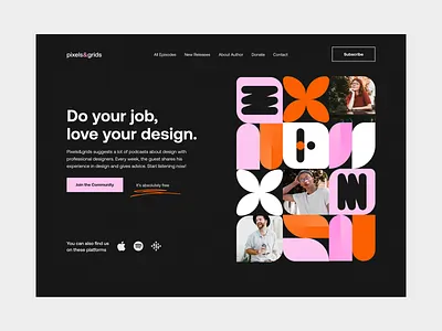 Pixels&Grids - Design Podcast Hero concept design geometry graphic design hero landingpage minimal pattern podcast product design ui ui design uiux unikorns website